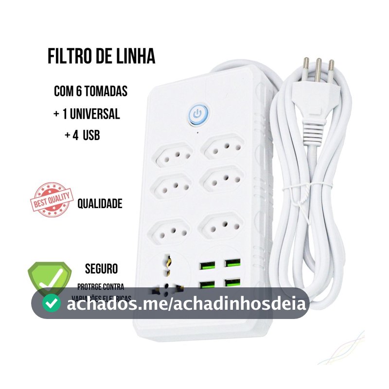 Régua Filtro de Linha com 7 Tomadas Extensão Elétrica 1 Universal 4 USB Bivolt 10A 110v/220v Cabo de 2 Metros Seguro e confiável