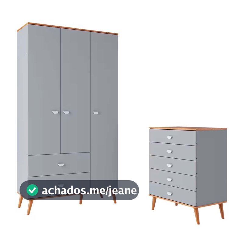 Guarda-Roupa Ternura com 3 Portas, 2 Gavetas Bartira + Cômoda Ternura com 5 Gavetas Bartira