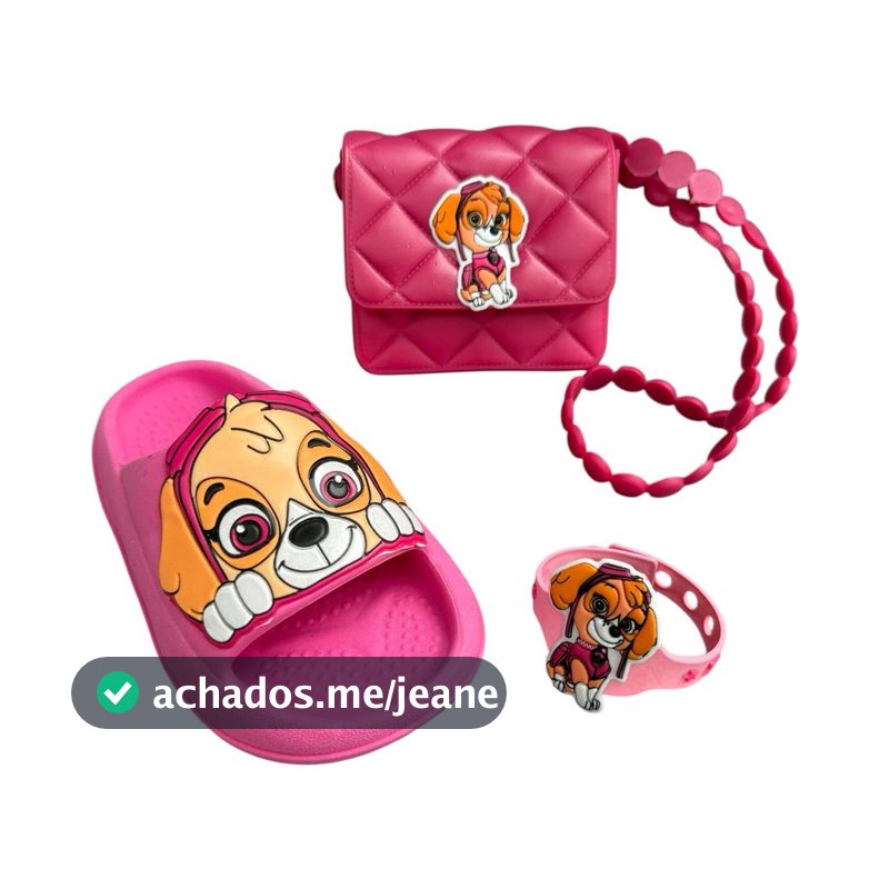 Kit Chinelo Bolsa E Pulseira Infantil Slide Rosa Patrulha