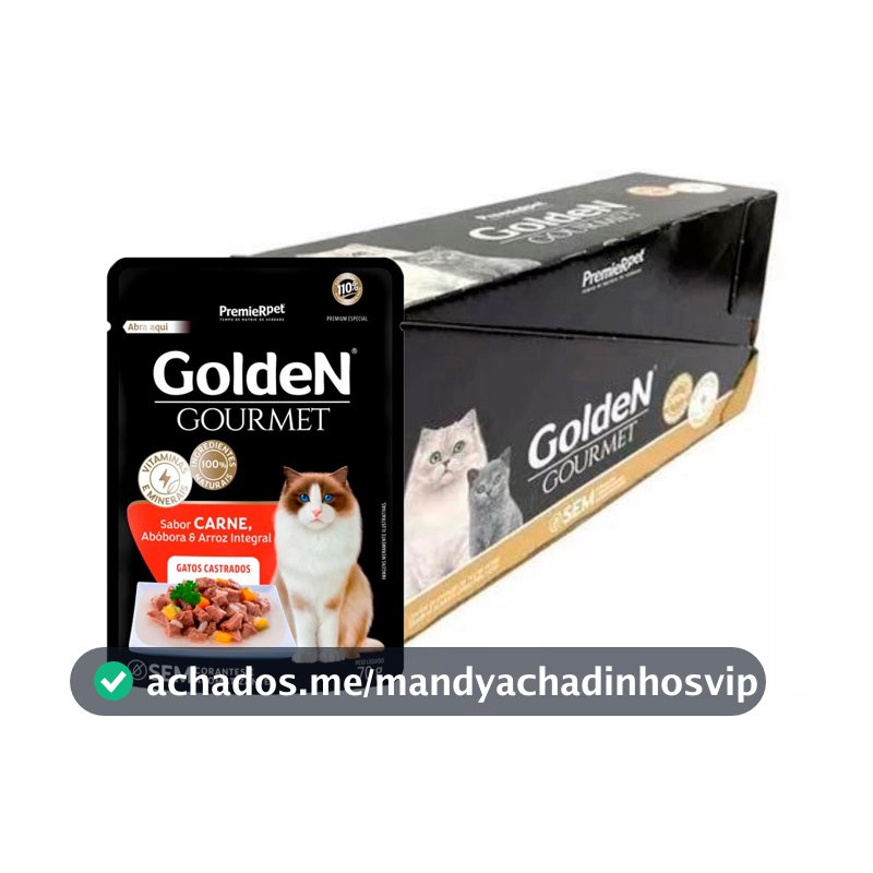 Caixa 20Un. Ração Úmida Golden Gourmet Para Gatos Castrados Carne 70g