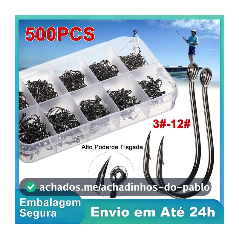 Kit Pesca: 500 Anzóis Chinu nos Tamanhos 3 ao 12 com Estojo de Armazenamento Resistente Universal