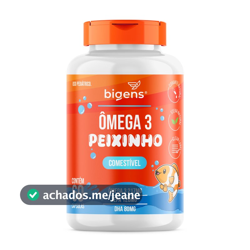 Ômega 3 Peixinho Mastigável 60 Cáps | DHA + EPA Sabor Laranja, Corante Natural, Zero Açúcar | Bigens