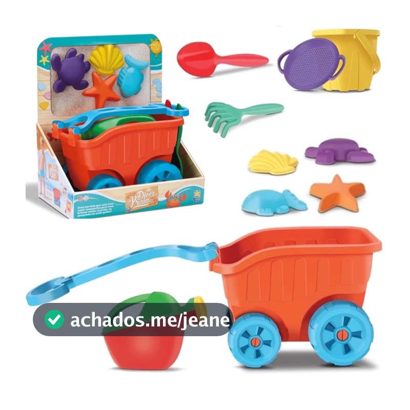Brinquedo Carriola De Praia Laranja Com Acessórios Infantil Castelinho De Areia Forminhas Baldinho Regador