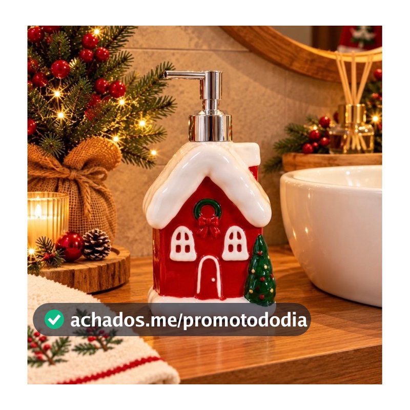 Porta-Sabonete Líquido Natalino em Porcelana – Casinha de Natal com Dispenser