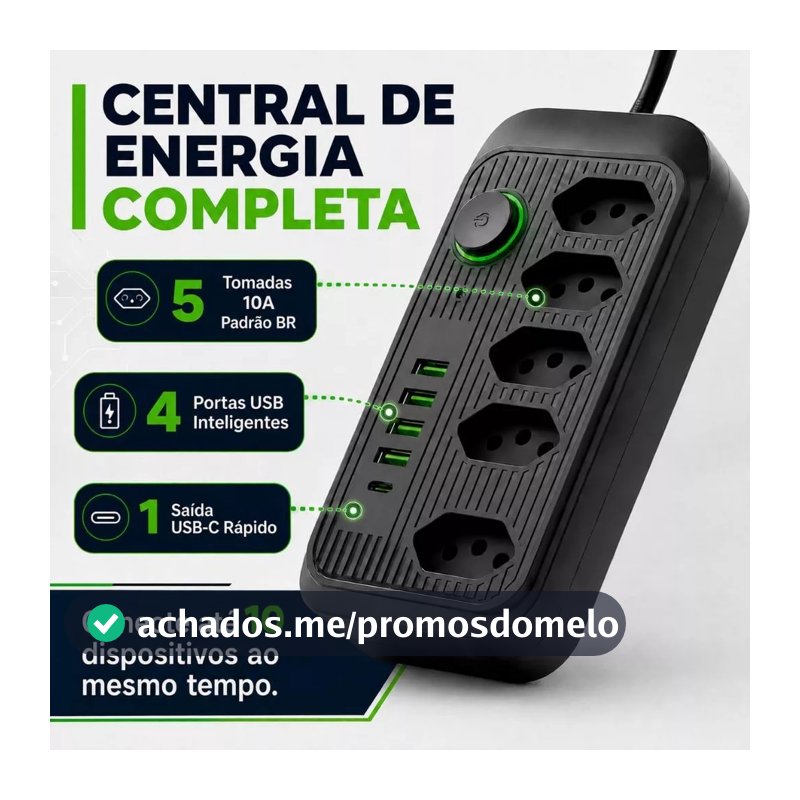 Régua Filtro de Linha com 5 Tomadas Extensão Elétrica Universal 4 USB e 1 USB-C Bivolt 10A 110v/220v Cabo de 2 Metros