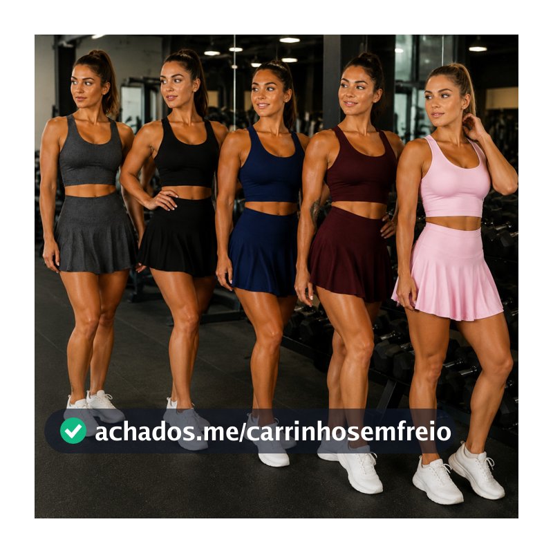 Kit 5 Conjunto Fitness Feminino Saia Shorts Top sem Bojo Tecido Leve Confortável Treino Academia