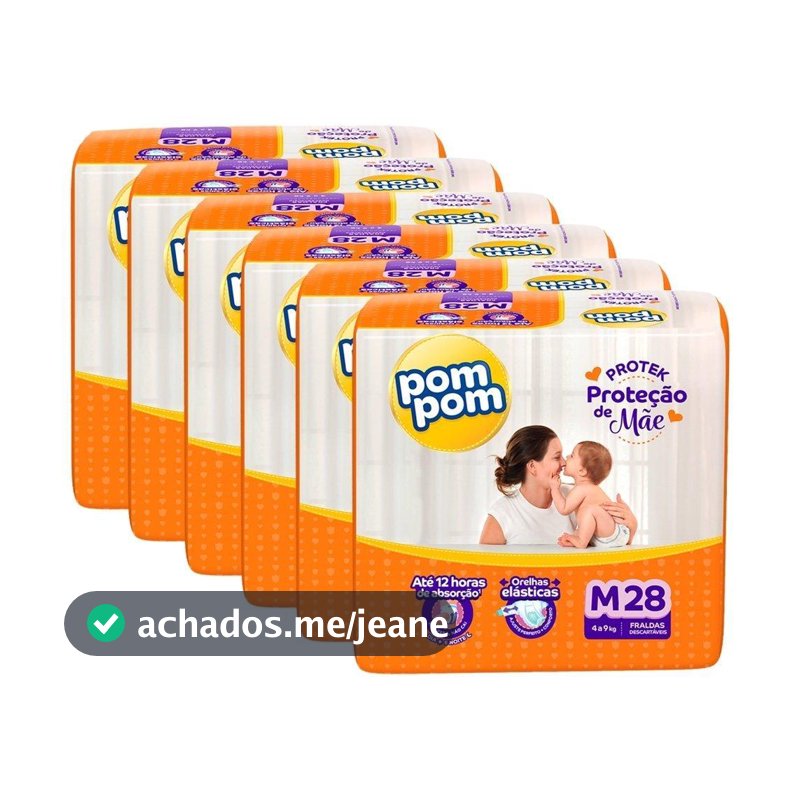 Fralda Descartável Pom Pom Derma Protek Jumbo Tamanho M - 6 Pacotes com 28 Fraldas - Total 168 Tiras