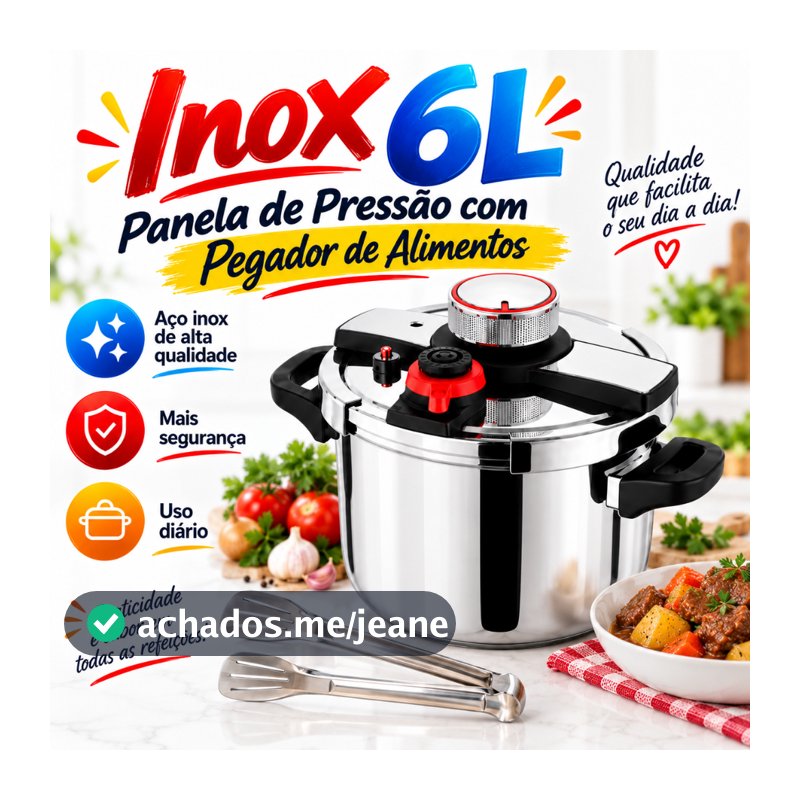 Panela de Pressão Inox 304 6L 100kPa para Indução e Gás com Pegador de Alimentos Cozimento Rápido