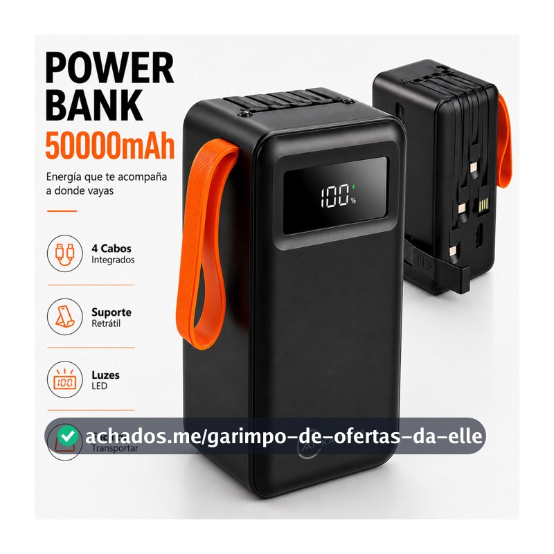 Power Bank 50000mAh 22.5W Turbo Carregamento Rápido com Cabos Integrados 4 em 1 e Lanterna LED