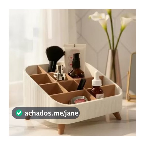 Organizador de Maquiagem com Divisórias Penteadeira Porta Pincel Batom Skincare Pés Madeira Bege Branco Preto