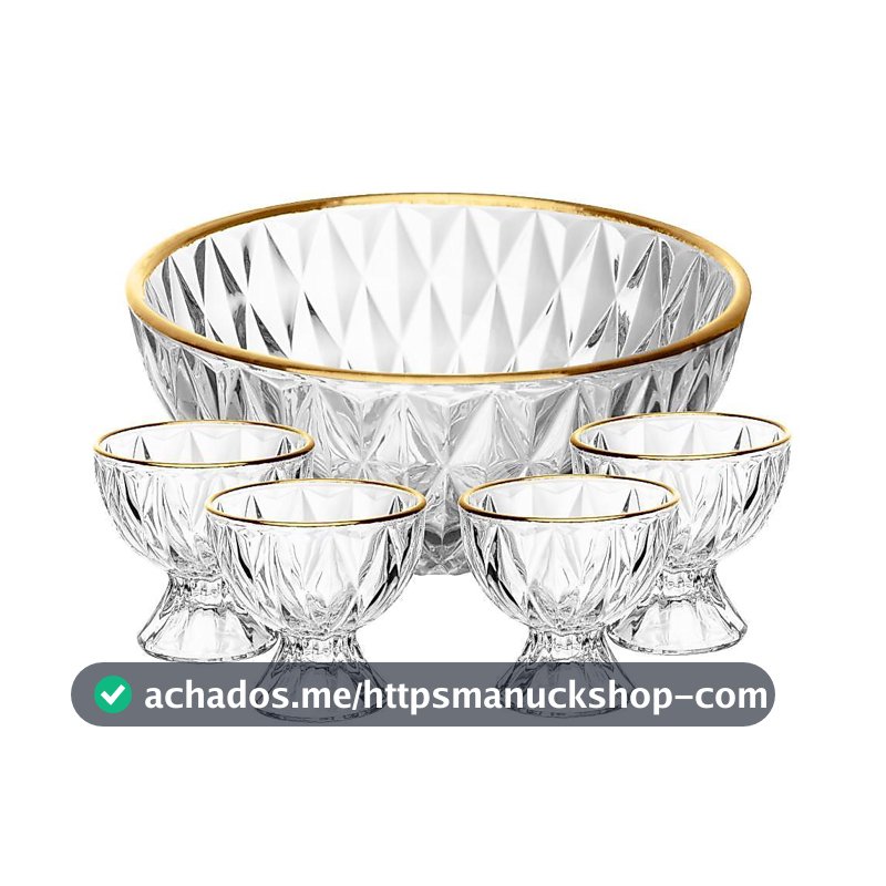 Conjunto 1 Bowl 1L e 4 Taças 120ml Diamond Lyor Cristal com Fio de Ouro para Sobremesas Doces Frutas Mousse Pavê 5 Peças