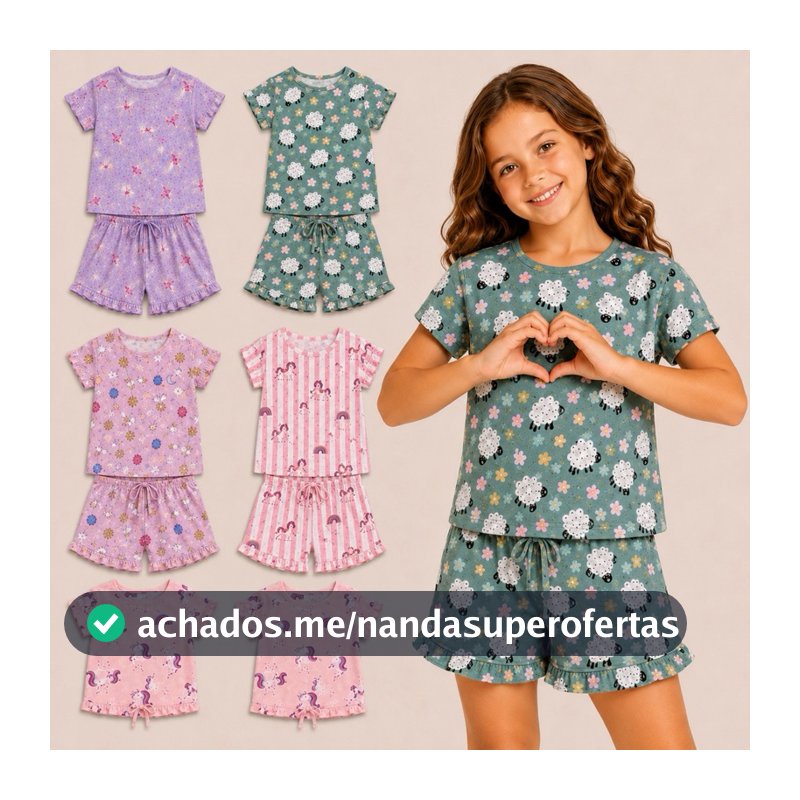 Pijama Menina Suede Premium Macio Estampado Manga Curta Estiloso Infantil Conjunto Blusa e Short Confortável
