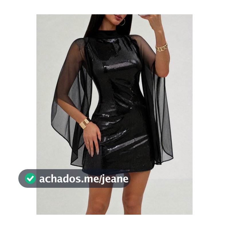 Vestido Feminino Curto De Paetê  Manga Longa Tule Brilhoso Gola Alta Elegante Tendência