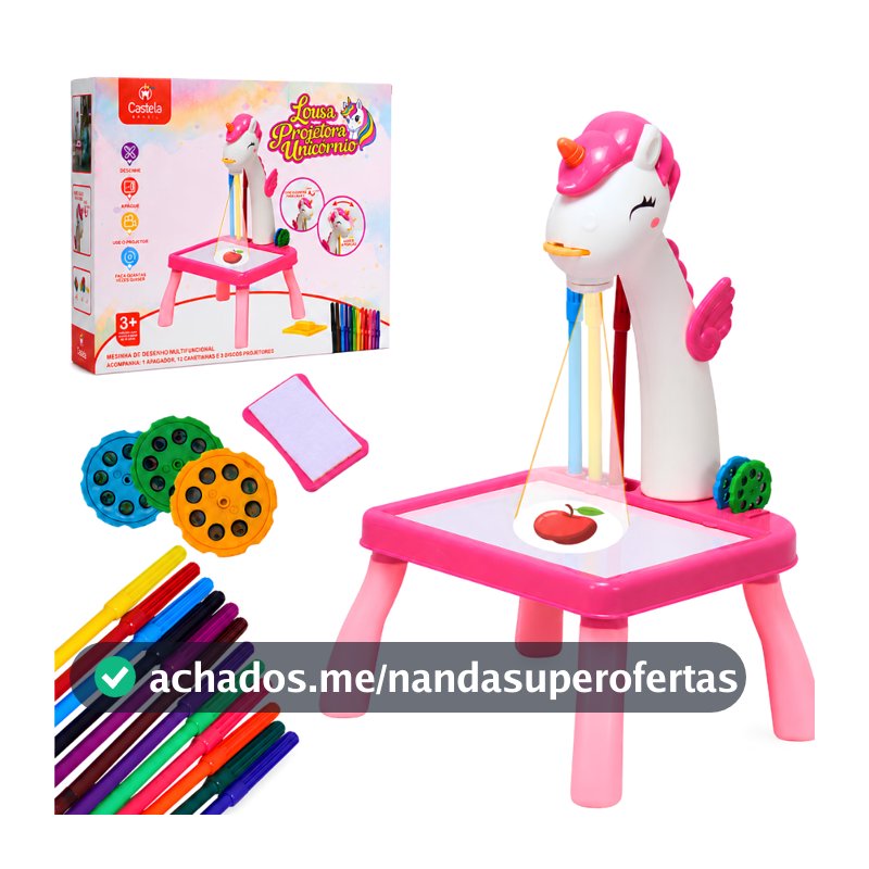 Mesa Projetora Infantil Desenho Unicórnio Rosa Brinquedo Educativo Led Com Canetas E Discos Castela