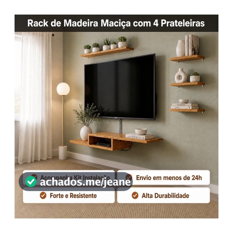 Rack Tv Com 4 Prateleiras Quarto Sala Madeira Maciça Home Parede Decorativo Livros Organizador