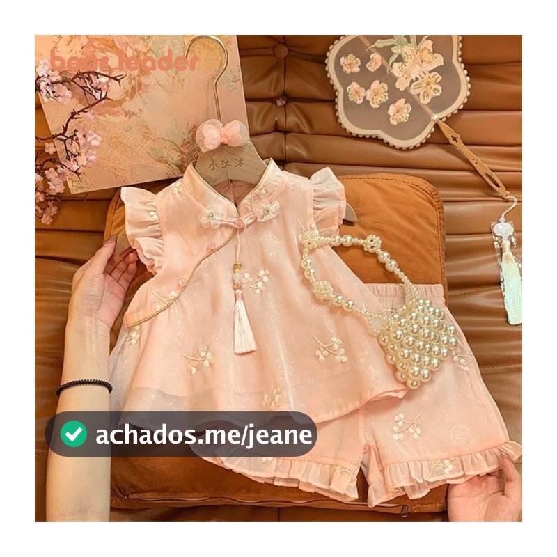 Líder Do Urso Summer Chinese Style Girls Suit Pink Flower Bordado Com Mosca De + Shorts Conjunto De Duas Peças Sweet Tassel Cheongsam Kids Clothes
