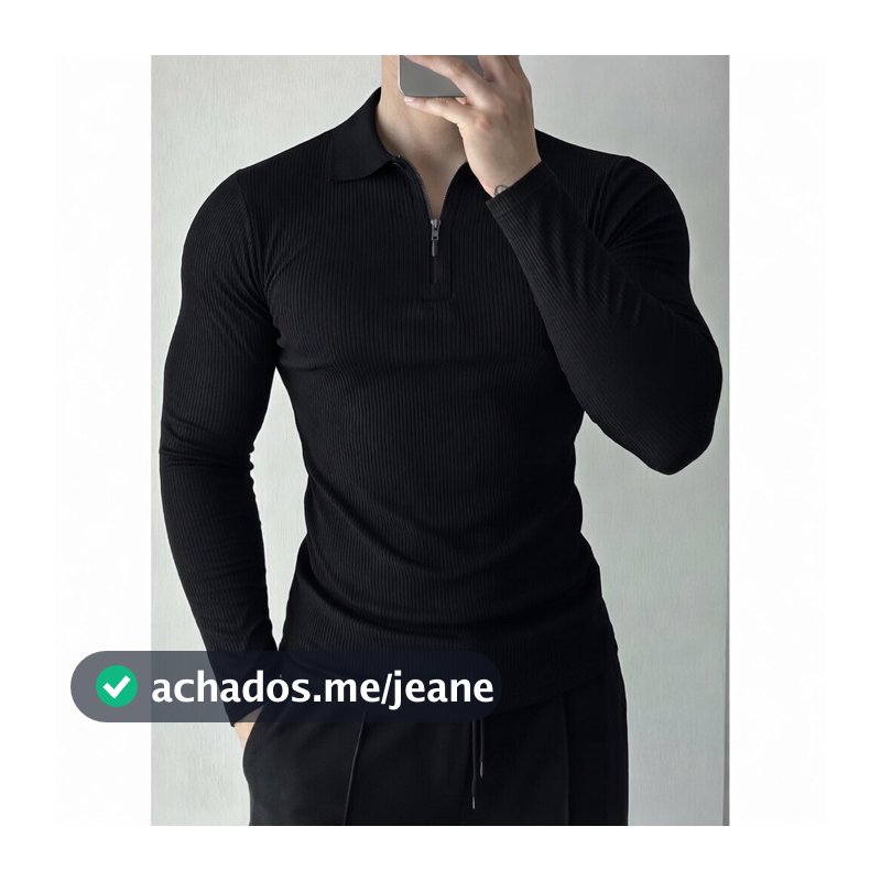 Polo Manga Longa Masculina Canelada Premium Slim com Zíper