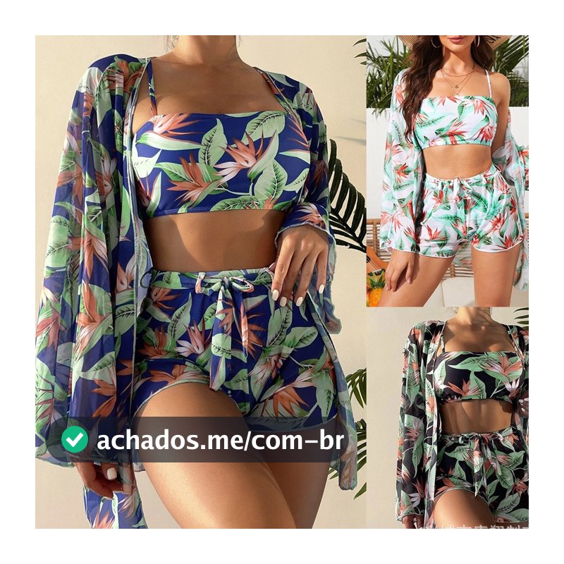 2025 Maiô europeu americano feminino conjunto de quatro peças cintura alta manga comprida Boxer biquíni/camisa protetor