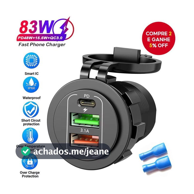 Carregador Veicular 3 em 1 12-24v com Carregamento Rápido Qc3.0, Dual Usb + Carregador Pd, Soquete de Energia À Prova