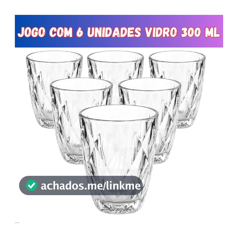 Jogo 6 Copos Baixos Diamond 300ml Vidro Grosso Diamante Luxo