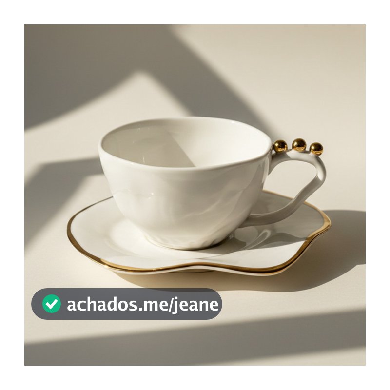 Conjunto de 6 Xícaras e Pires em Porcelana Branca com Detalhe Esferas Douradas Organico 200ml Café Chá Luxo Premium