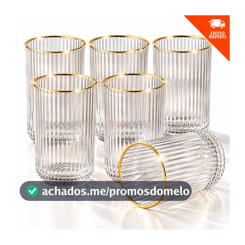 Jogo 6 Copos Versalhes 420ml Vidro Canelado com Borda Dourada para Drinks Suco Água e Refrigerante