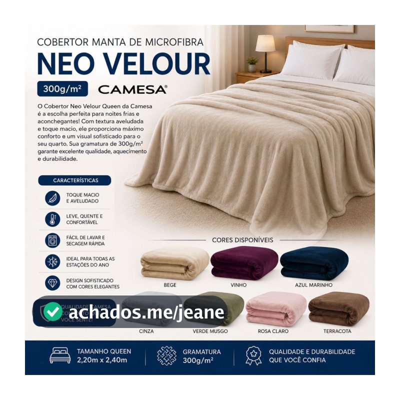 Cobertor Manta de Microfibra Neo Velour 300g/m² Queen 2,20x2,40m – Camesa