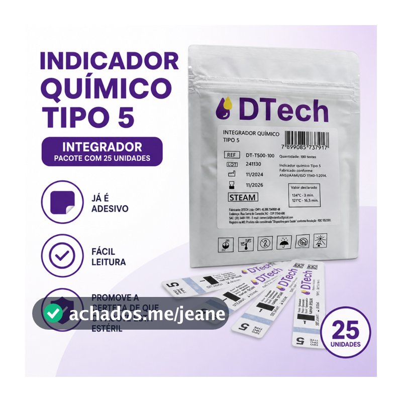 Indicador Químico Tipo 5 Integrador Autoclave 25 Unidades RDC 1002 Esterilização