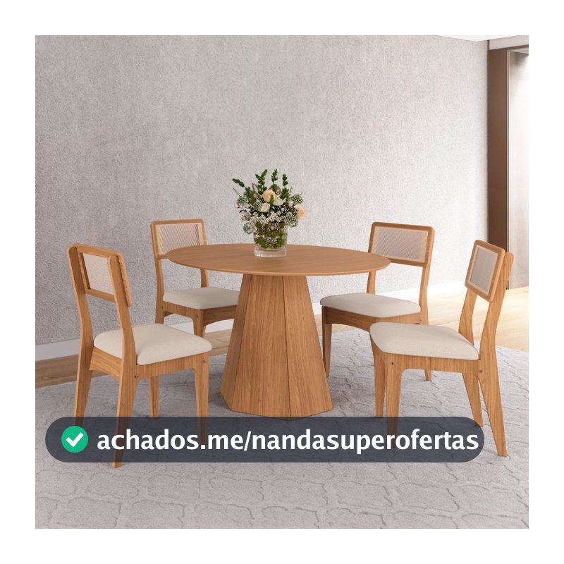 Conjunto Sala de Jantar Mesa Lisboa Hexagonal com 4 Cadeiras Palha Sintética 100% MDF