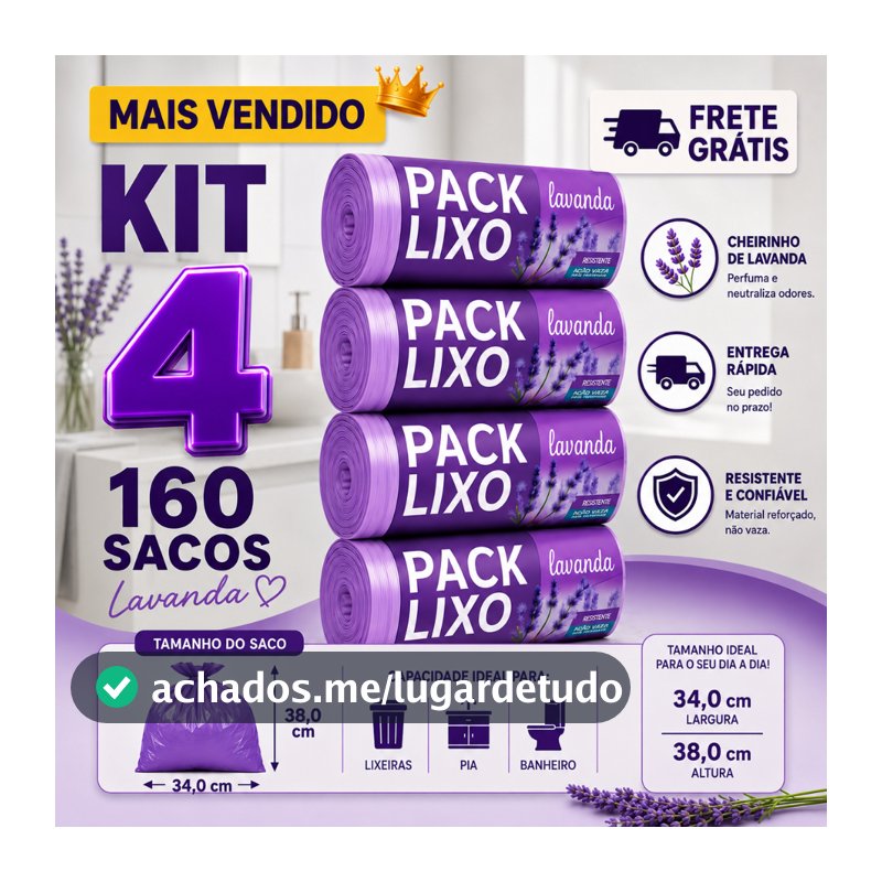 Kit 4 Rolos Saco de Lixo Perfumado Lavanda 10L 160 Sacos Pia Banheiro Resistente Antiodor