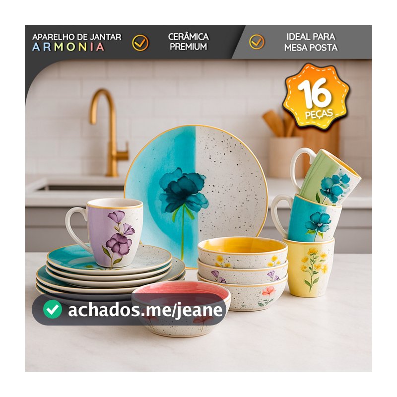 Aparelho de Jantar 16 Peças Armonia Cerâmica Premium Ideal para Mesa Posta