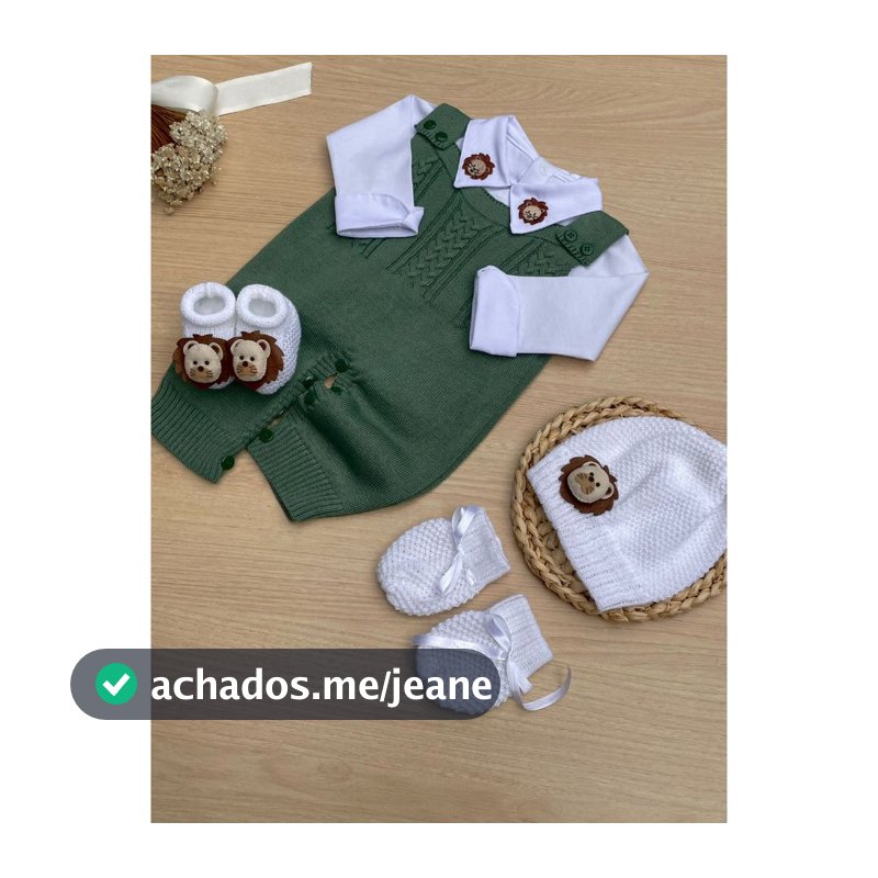 Saída de Maternidade Tricot Verde Militar 5 Peças com Bordado de Leão – Kit Recém-Nascido Menino Dinhos Baby