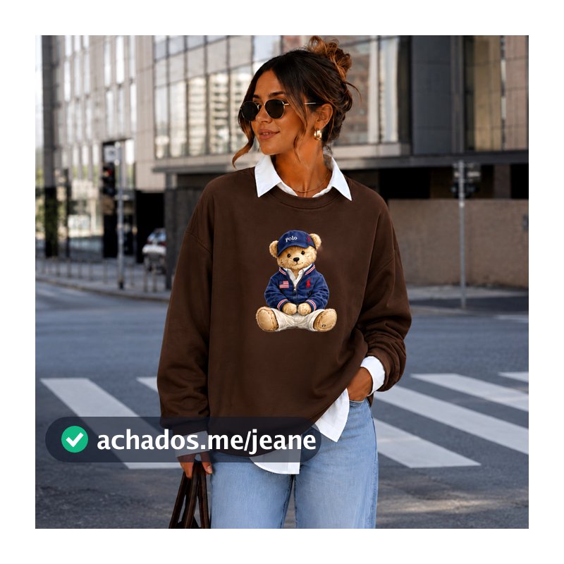 Moletom Sueter Feminino Algodão Flanelado Sem Capuz Urso Polo Bear Blusa De Frio Tendência Casual Blogueira