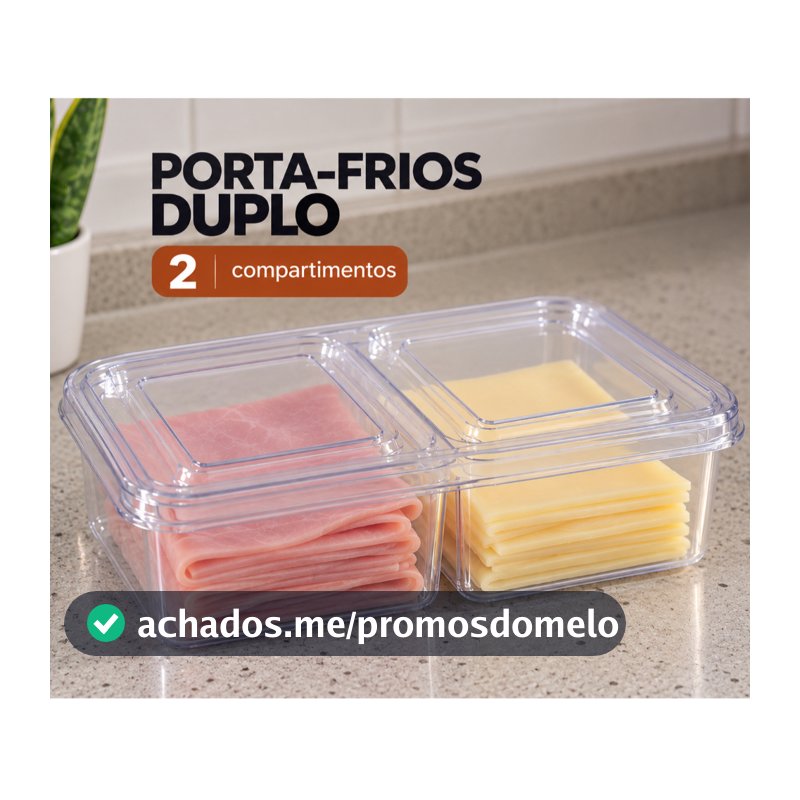 Porta Frios Duplo 2 Divisórias 1250ml Organizador de Geladeira para Queijo Presunto e Frios com 2 Compartimentos