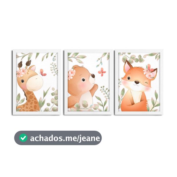 Kit 3 Quadros infantil Menina Savana aquarela 20x30 cada peça girafa raposa urso