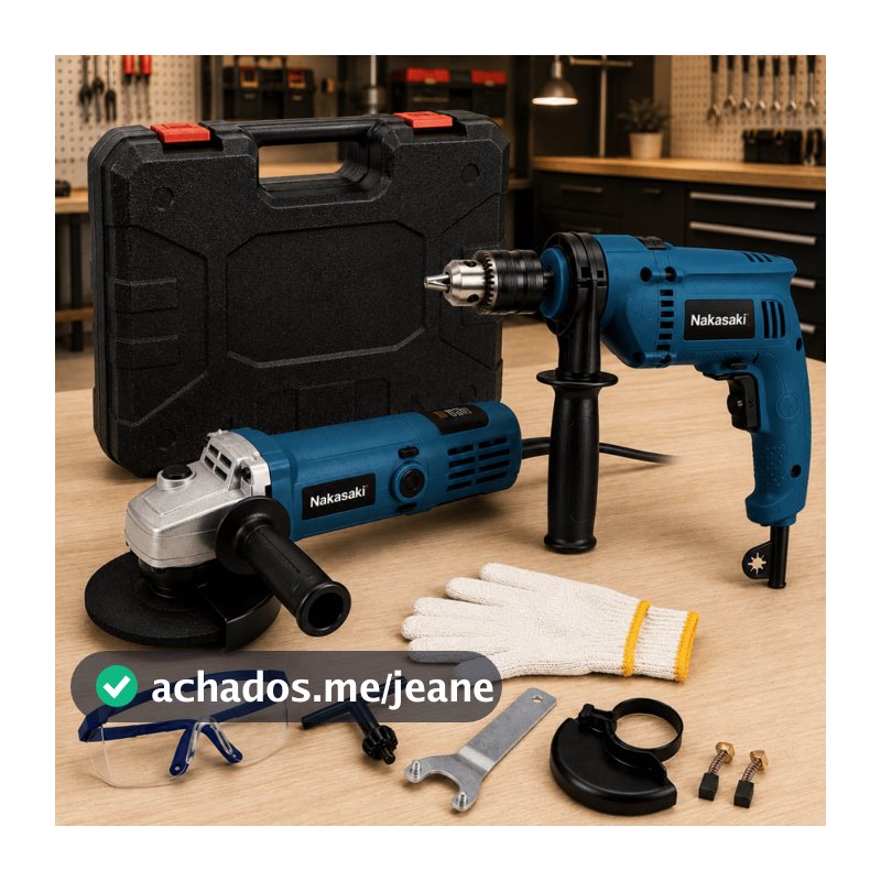 Kit Furadeira de Impacto 1000W Elétrica + Esmerilhadeira 900W Profissional Nakasaki + Maleta