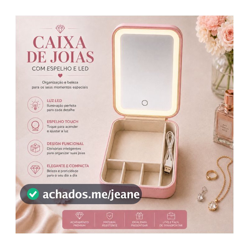 Caixa Porta Joias Luxo com Espelho LED USB Recarregável Organizador de Bijuterias 4 Divisórias