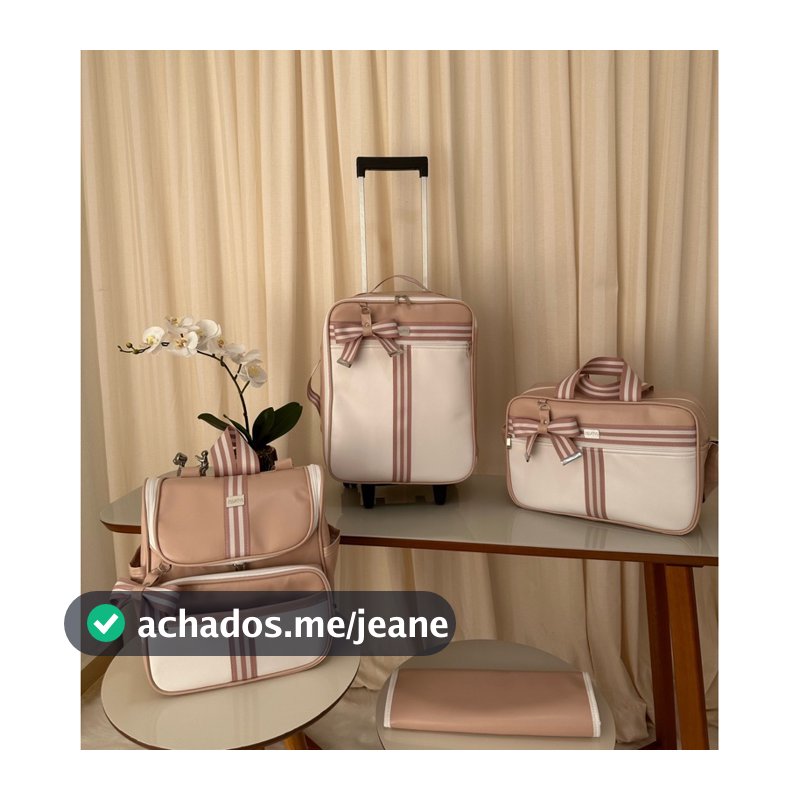 kit de bolsa de maternidade com mala de rodinha Nude com detalhes branco faixa rosé com branco .