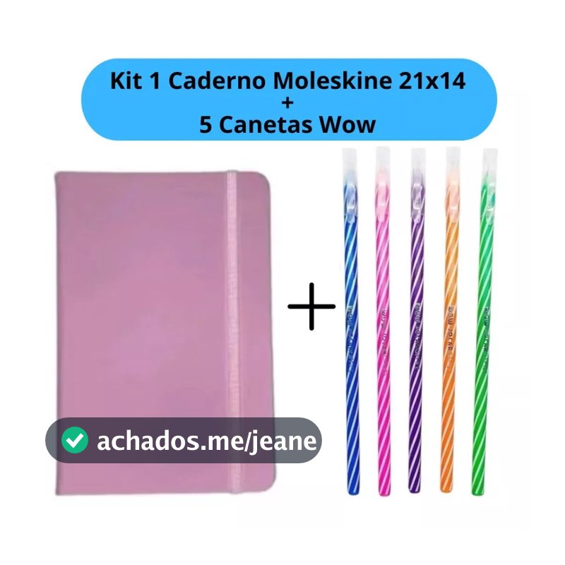 Kit Caderno Moleskine 21x14cm + 5 Canetas WOW Coloridas Espiral Escolar