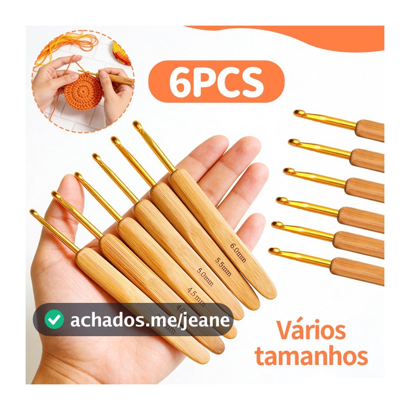Agulhas de Crochê Cabo de Bambu Kit 6 Unidades Vários Tamanhos Profissionais