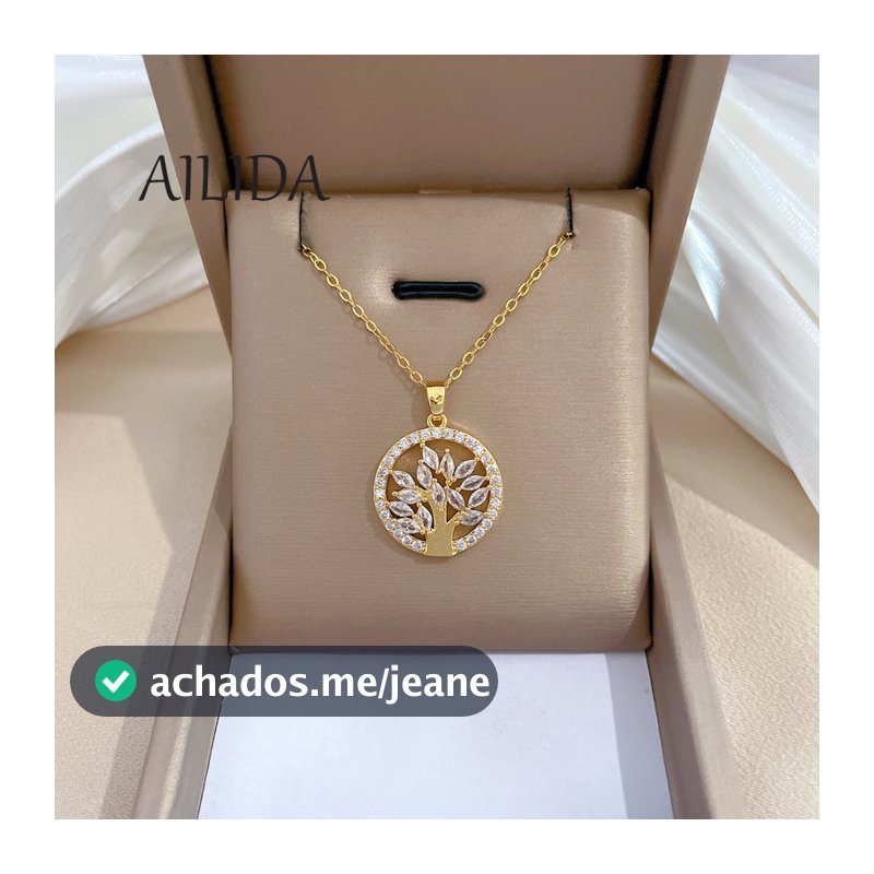 Colar de Aço Titânio Colar de Aço Anel Árvore da Vida Leve e de Luxo Lindo Colar de Diamante Completo Feminino de Cadeia