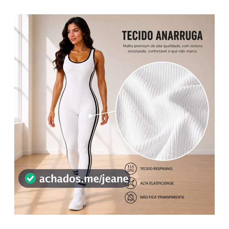 Macacão Feminino Longo Fitness Esportivo Canelado Anarruga com Listra