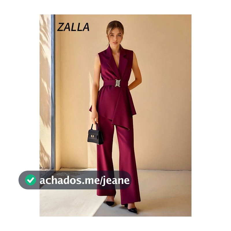Conjunto blazer sem manga e calça pantalona com cinto dourado ou prata na bainha assimétrica
