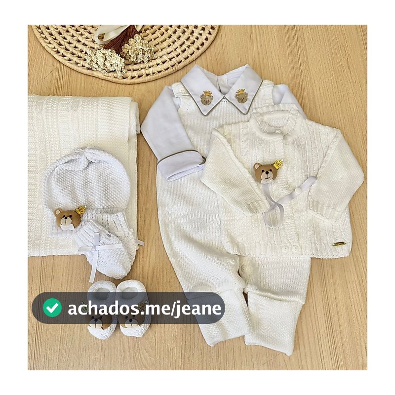 Saída de maternidade menino branca tricot urso príncipe completa
