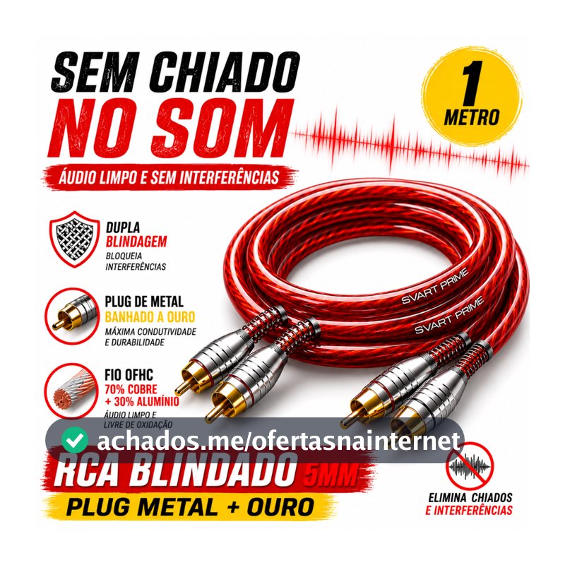Cabo RCA 1m Som Automotivo Dupla Blindagem Anti Ruído Plug Banhado a Ouro Svart Prime Tech One Blindado Fio OFC Cobre
