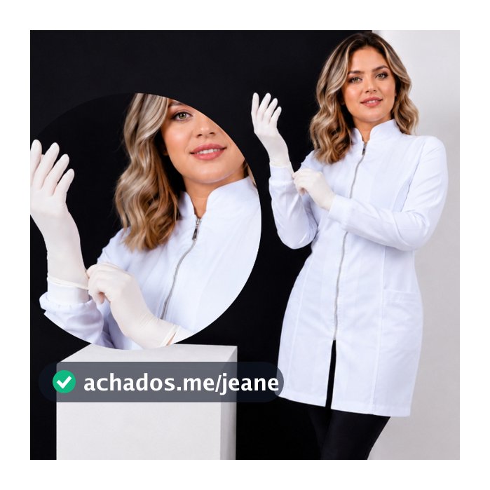 jaleco acinturado zíper branco com punho de encaixe na luva