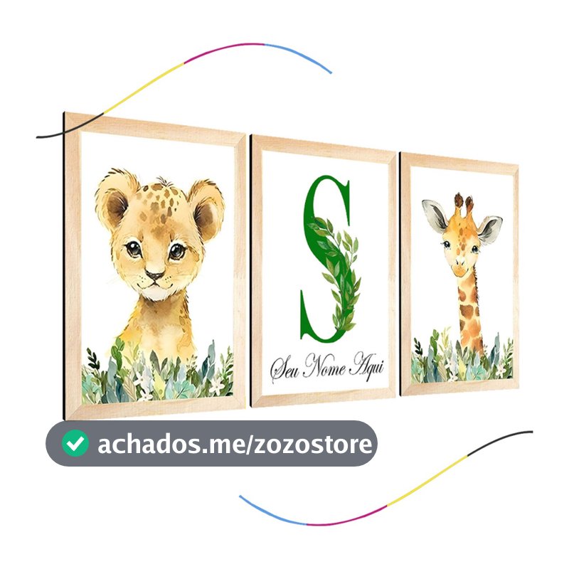 quadro decorativo infantil safari girafa leão personalizado 3 peças