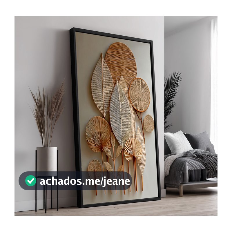 Quadro com Moldura e Acrilico Cristal Vidro Trama Fibra Folhas para Sala, Quarto e Escritório