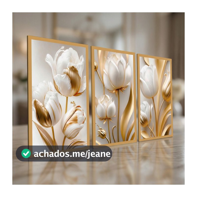 Quadro Decorativo Flores Tulipas Brancas Douradas Sala Hall Quarto Casa