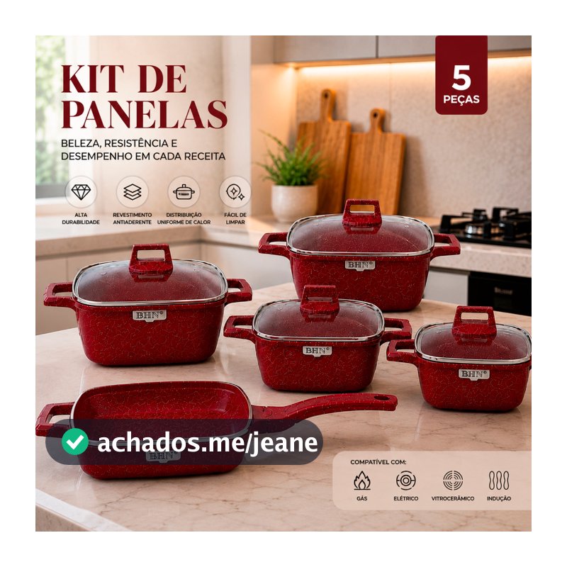 Kit Jogo de 5 Panelas Antiaderente Cerâmica Fundo de Indução Tampa de Vidro + Utensílios Cozinha